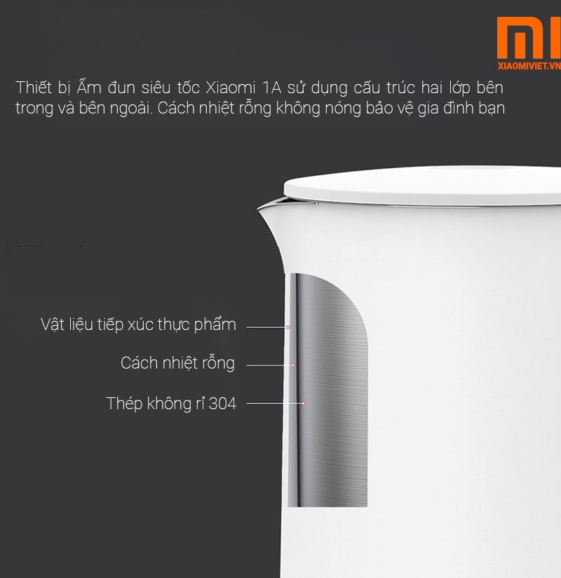 cấu trúc 2 lớp cách nhiệt của mijia 1A ấm đun xiaomi