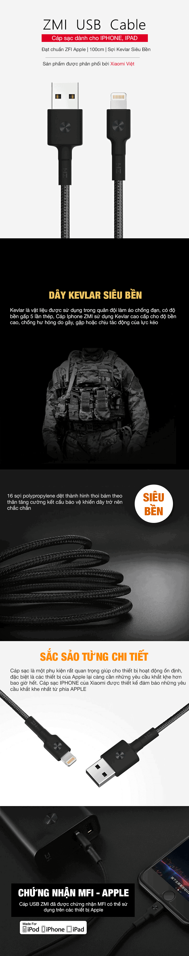 Cáp IPHONE Bọc KEVLAR Xiaomi ZMI Siêu Bền