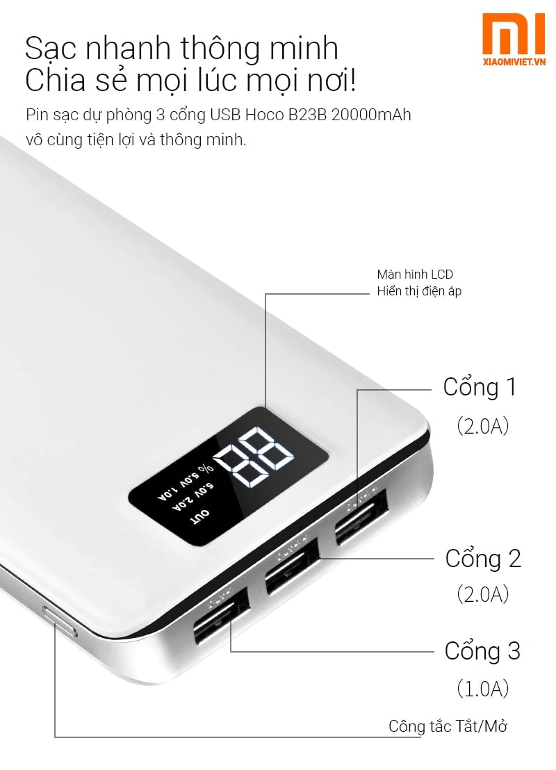 Sạc pin dự phòng Hoco 20000mAh Pin sạc dự phòng 3 cổng sạc Hoco B23B 20000mAh