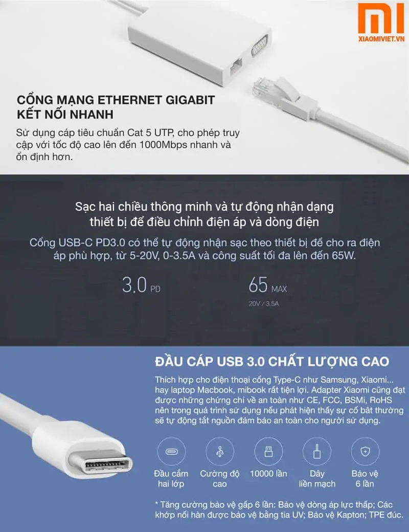 Bộ Chuyển Đổi Xiaomi chuyển USB Type C sang VGA - Ethernet Bộ Chuyển Đổi Xiaomi chuyển USB Type C sang VGA - Ethernet