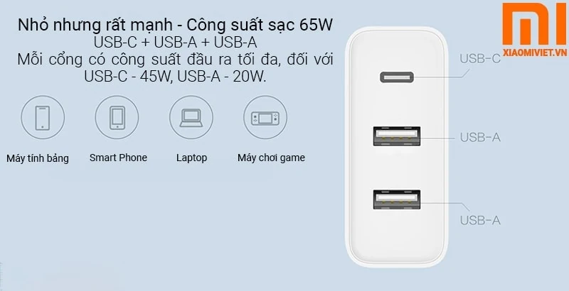 sạc nhanh công suất 65W mỗi cổng
