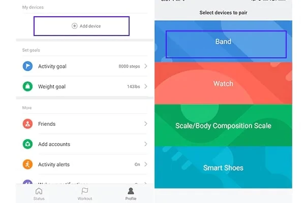 Hướng dẫn kết nối xiaomi mi Band 5 dễ dàng tiện lợi Nhấp vào "hồ sơ", Thêm thiết bị mới và Band