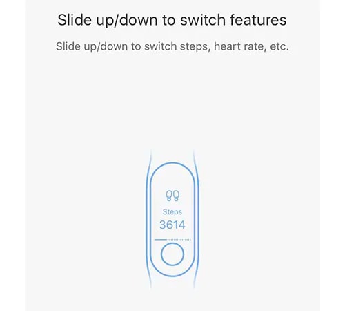 trượt lên xuống để chuyển đổi các tính năng của Xiaomi Mi band 5