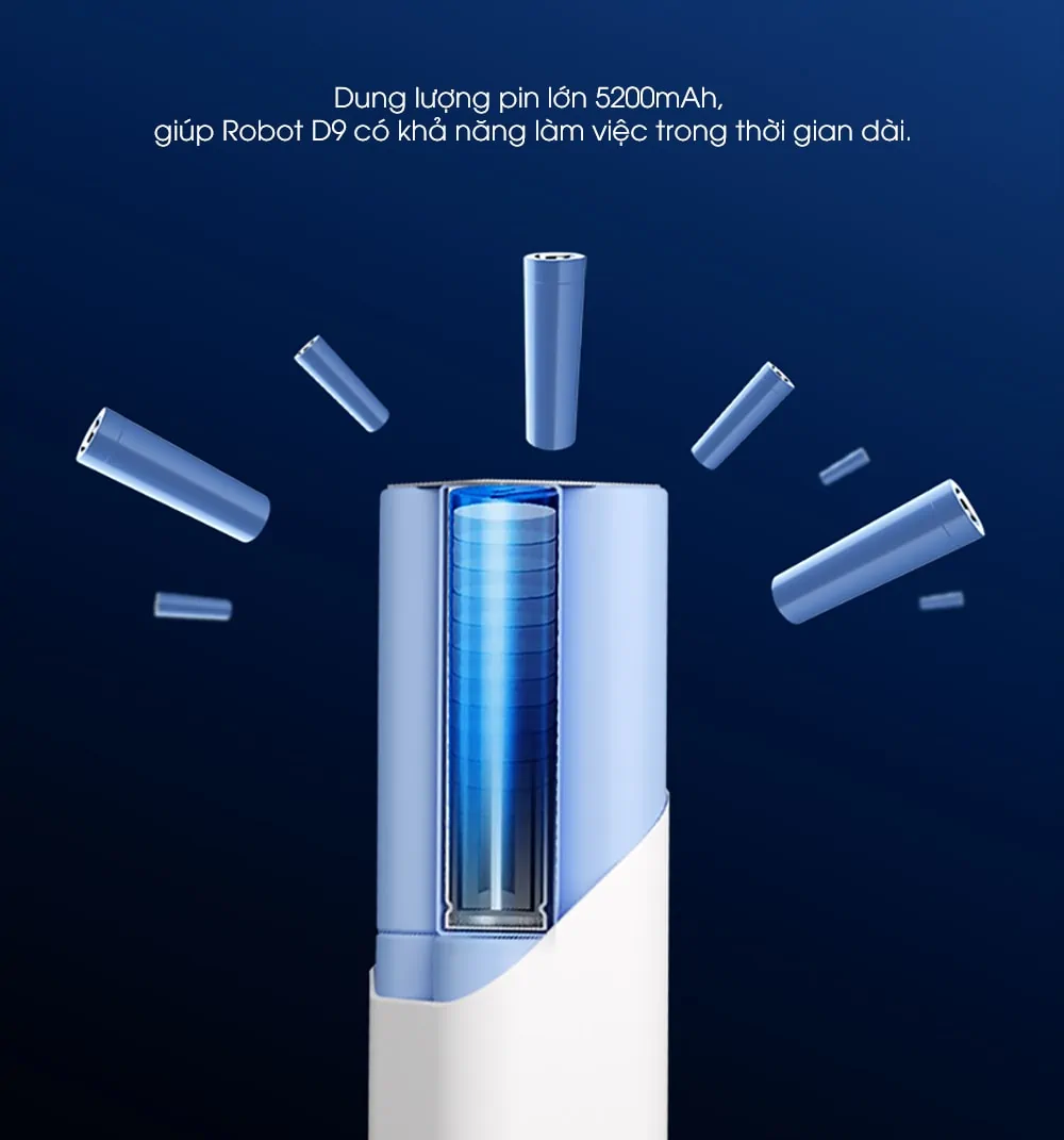 Robot hút bụi lau nhà Xiaomi Dreame D9 - Bản Quốc Tế Dung lượng pin lớn 5200mAh giúp D9 hoạt động lâu dài