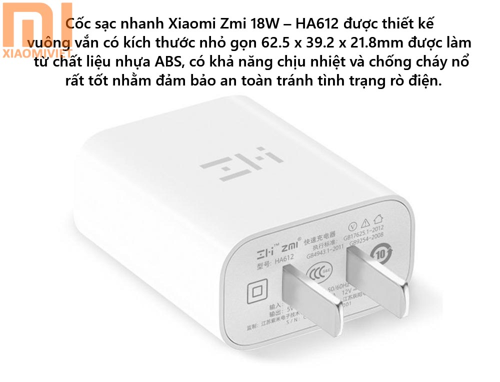 Cốc Sạc Nhanh Zmi 18W – HA612 Thiết kế nhỏ gọn, chất liệu an toàn