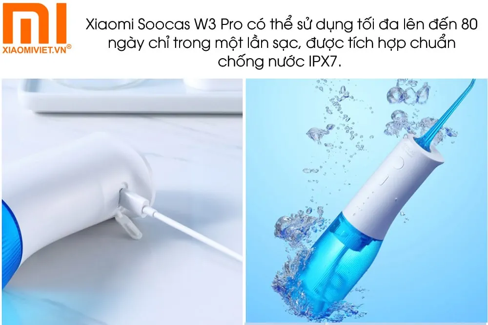 Tăm nước Xiaomi Soocas W3 Pro Chính Hãng Thời lượng pin dài sử dụng đến 80 ngày