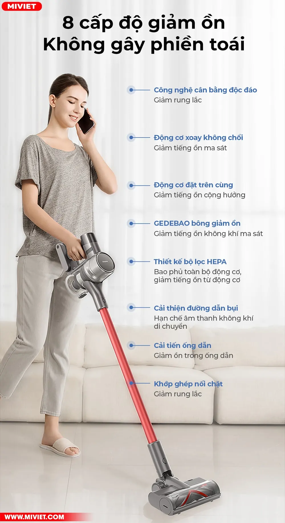 Hệ thống 8 cấp giảm âm chống ồn hiệu quả