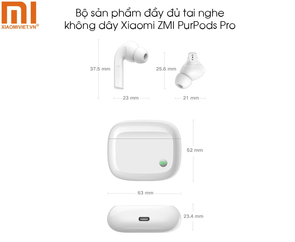 Bộ sản phẩm đầy đủ tai nghe không dây Xiaomi ZMI PurPods Pro