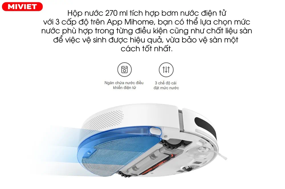 Robot hút bụi lau nhà Vacuum Mop 2 Lite - Quốc Tế Hộp nước 270 ml tích hợp bơm nước điện tử với 3 cấp độ trên App Mihome