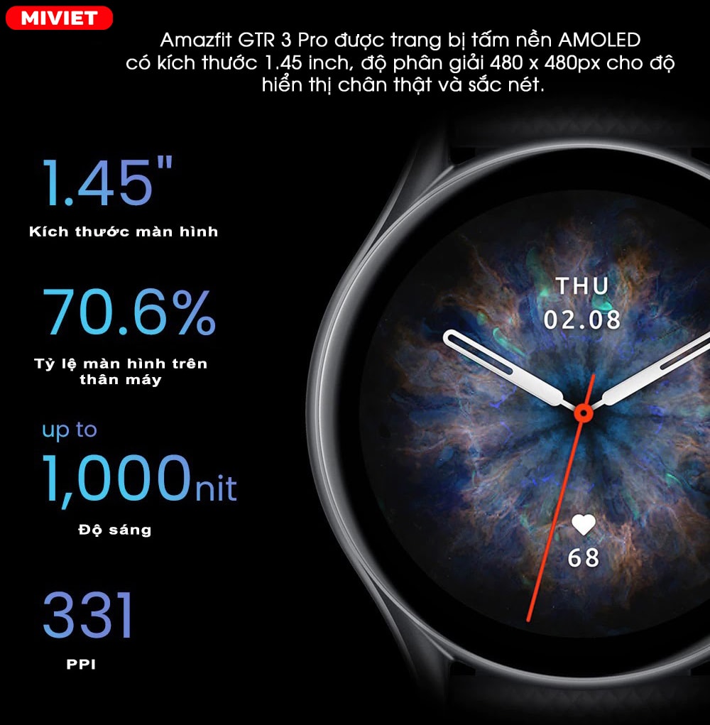 Đồng hồ thông minh Amazfit GTR 3 Pro Màn hình AMOLED 1.45 inch