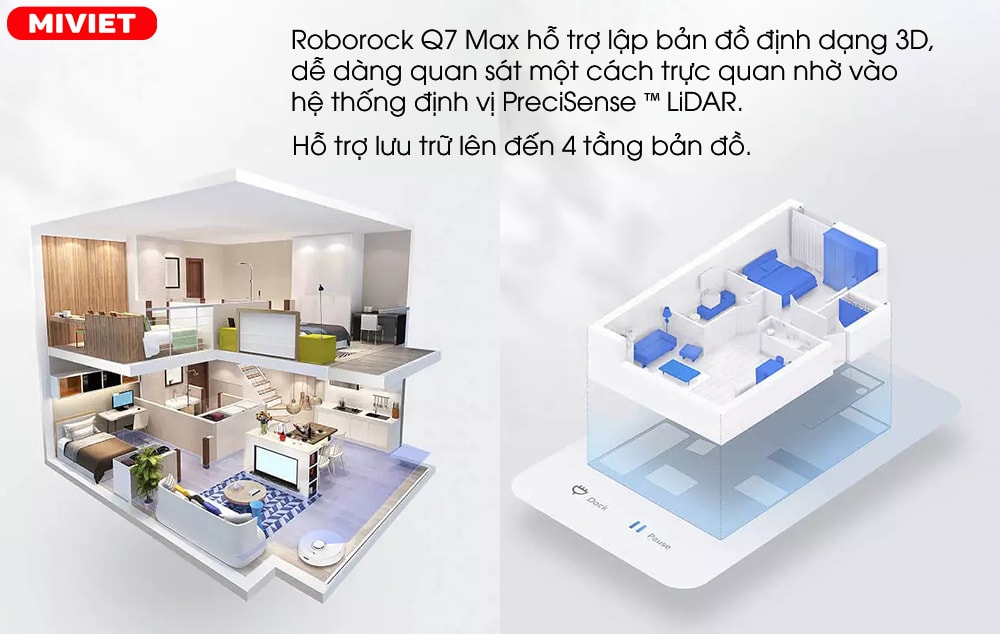 Robot hút bụi lau nhà Xiaomi Roborock Q7 Max – Bản Quốc Tế Lập bản đồ 3D, Lưu trữ đến 4 tầng