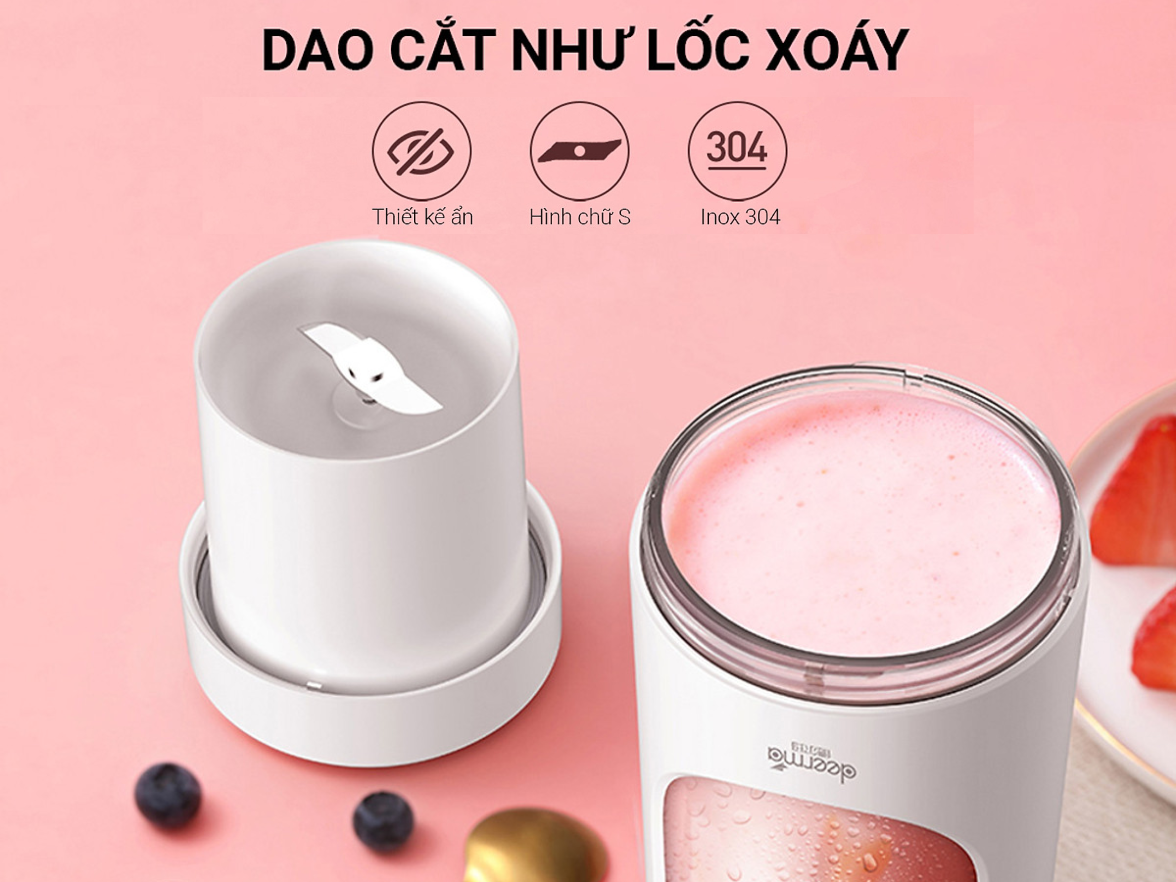 Máy xay sinh tố cầm tay không dây Deerma DEM-NU30 Lưỡi dao NU30 làm từ Inox 304 không gỉ, an toàn cho sức khỏe
