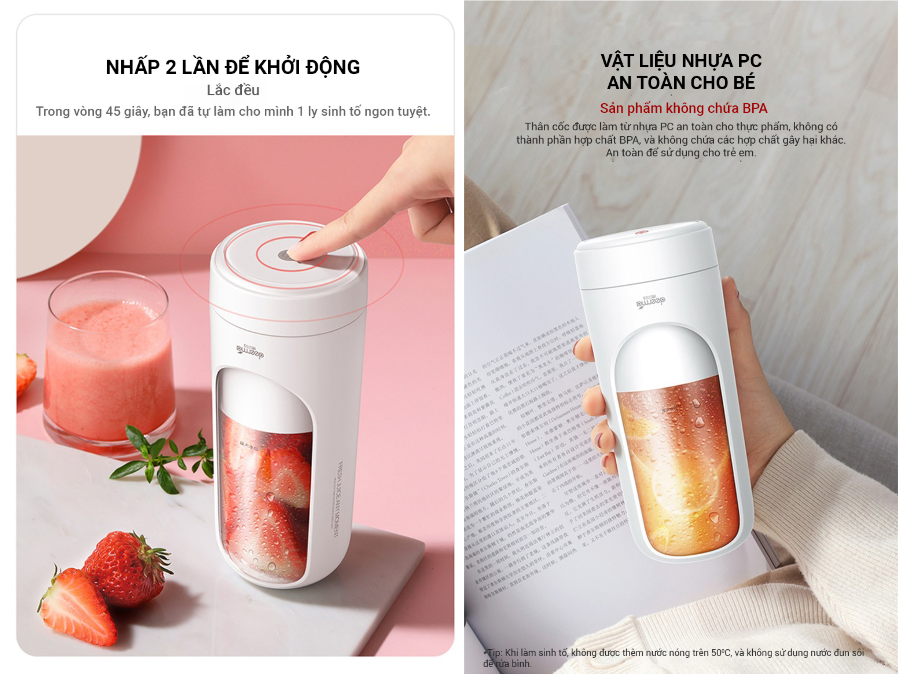 Máy xay sinh tố cầm tay không dây Deerma DEM-NU30 Sử dụng chất liệu cao cấp, bền bỉ và an toàn cho sức khỏe