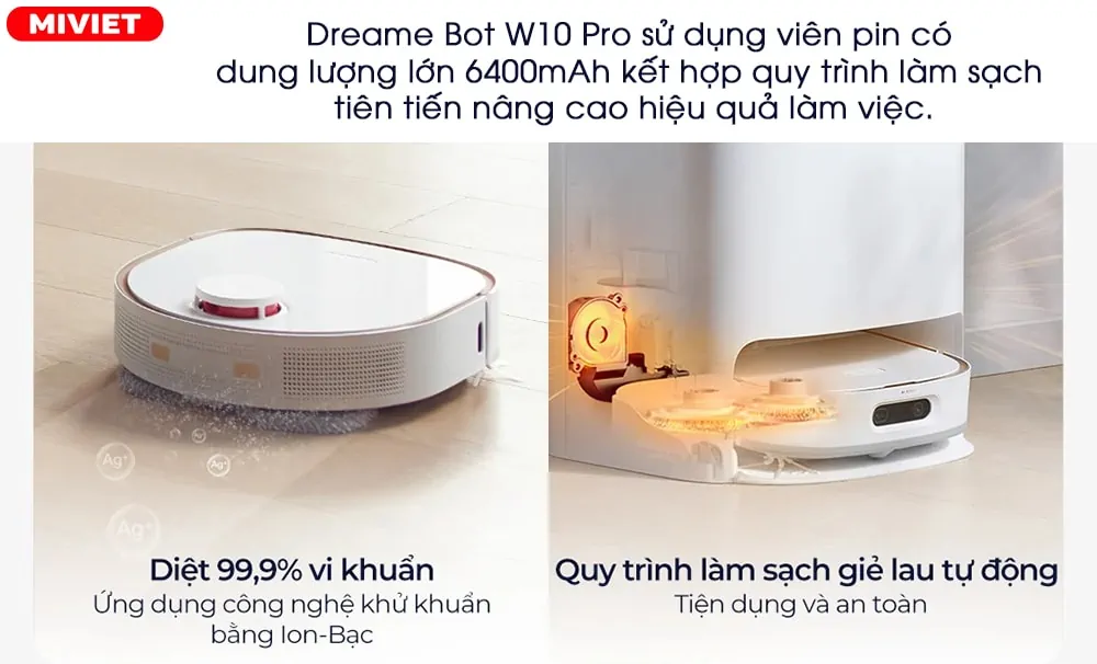 Dreame Bot W10 Pro sử dụng viên pin có dung lượng lớn 6400mAh