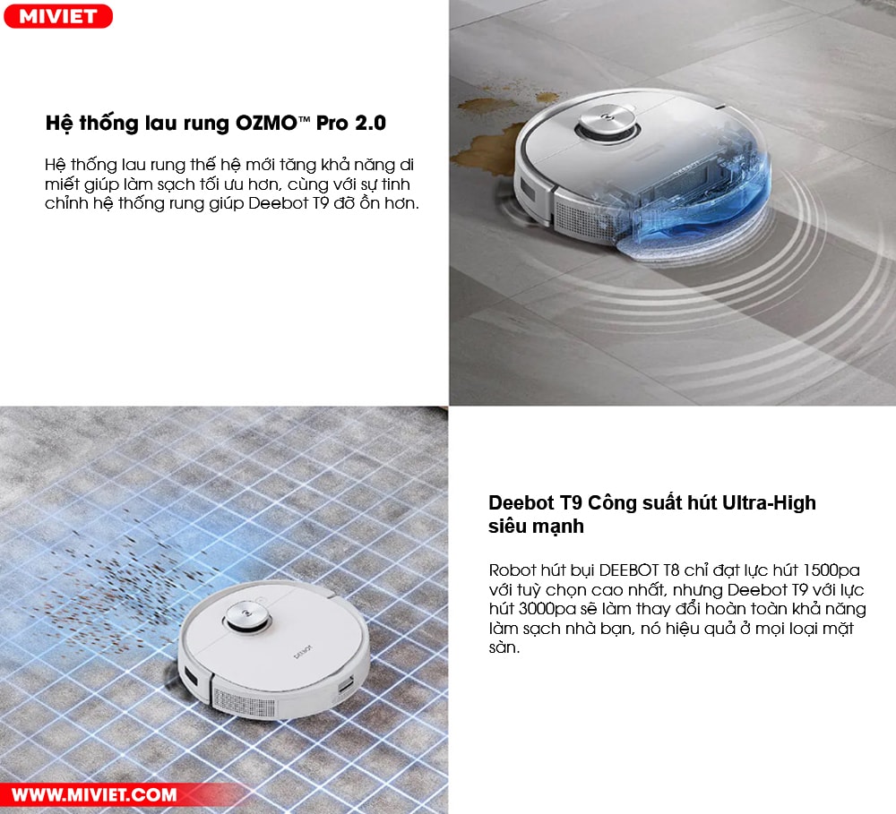 Robot hút bụi lau nhà Ecovacs Deebot T9 Công nghệ lau rung, hiệu năng vượt trội