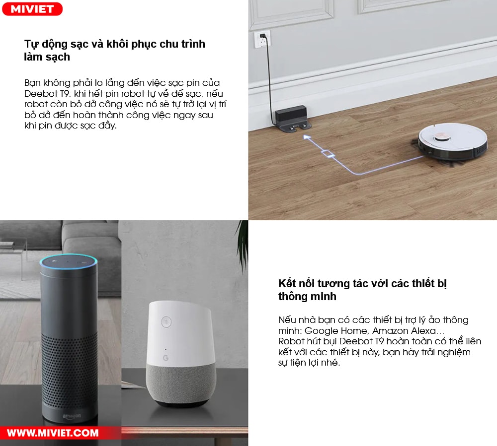 Robot hút bụi lau nhà Ecovacs Deebot T9 Tự động sạc - Điều khiển bằng giọng nói