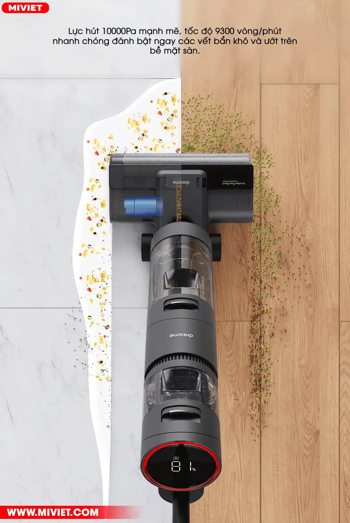 Lực hút 10000Pa loại bỏ nhanh chóng vết bẩn khô và ướt