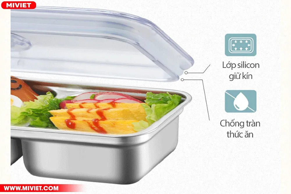 2 khay đựng chia hộp cơm thành 3 ngăn