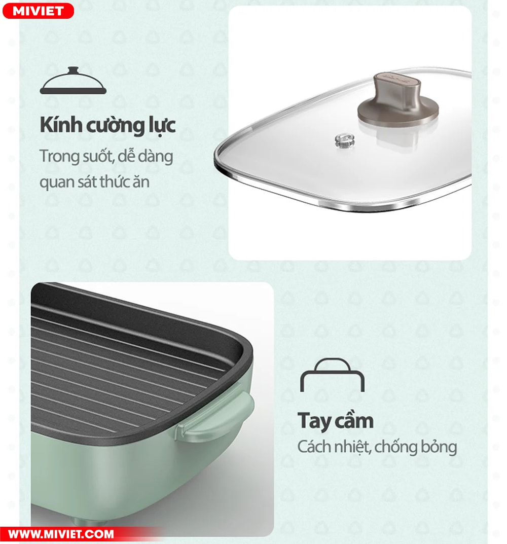 Nắp kính cường lực trong suốt, tay cầm cách nhiệt
