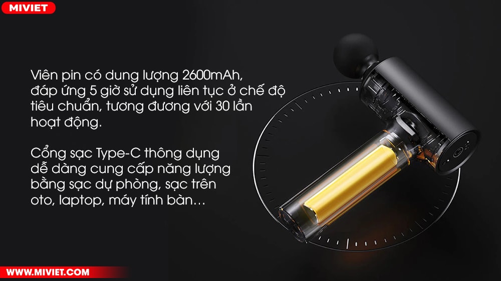 Súng massage Xiaomi Fascial Gun Dung lượng pin lớn, đáp ứng 30 lần sử dụng