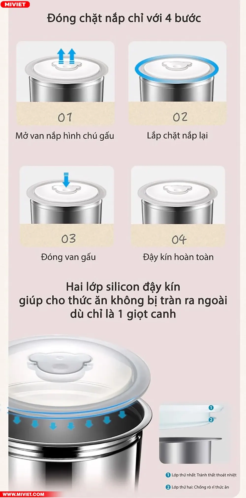 Hộp cơm điện cầm tay đa năng Bear DFH-B20S6 - Tiếng Anh - HDSD Tiếng Việt Nắp hút chân không, giữ ấm lâu, chống tràn khi di chuyển