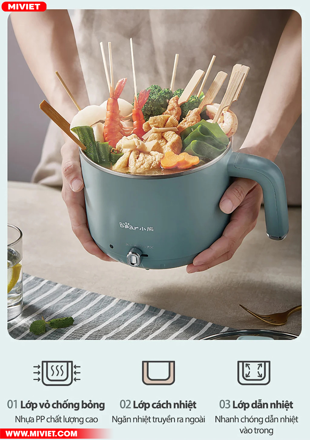 Nồi lẩu và hấp đa năng Bear DRG-D12M5 - Tiếng Anh - HDSD Tiếng Việt 3 lớp cách nhiệt an toàn, làm nóng nhanh