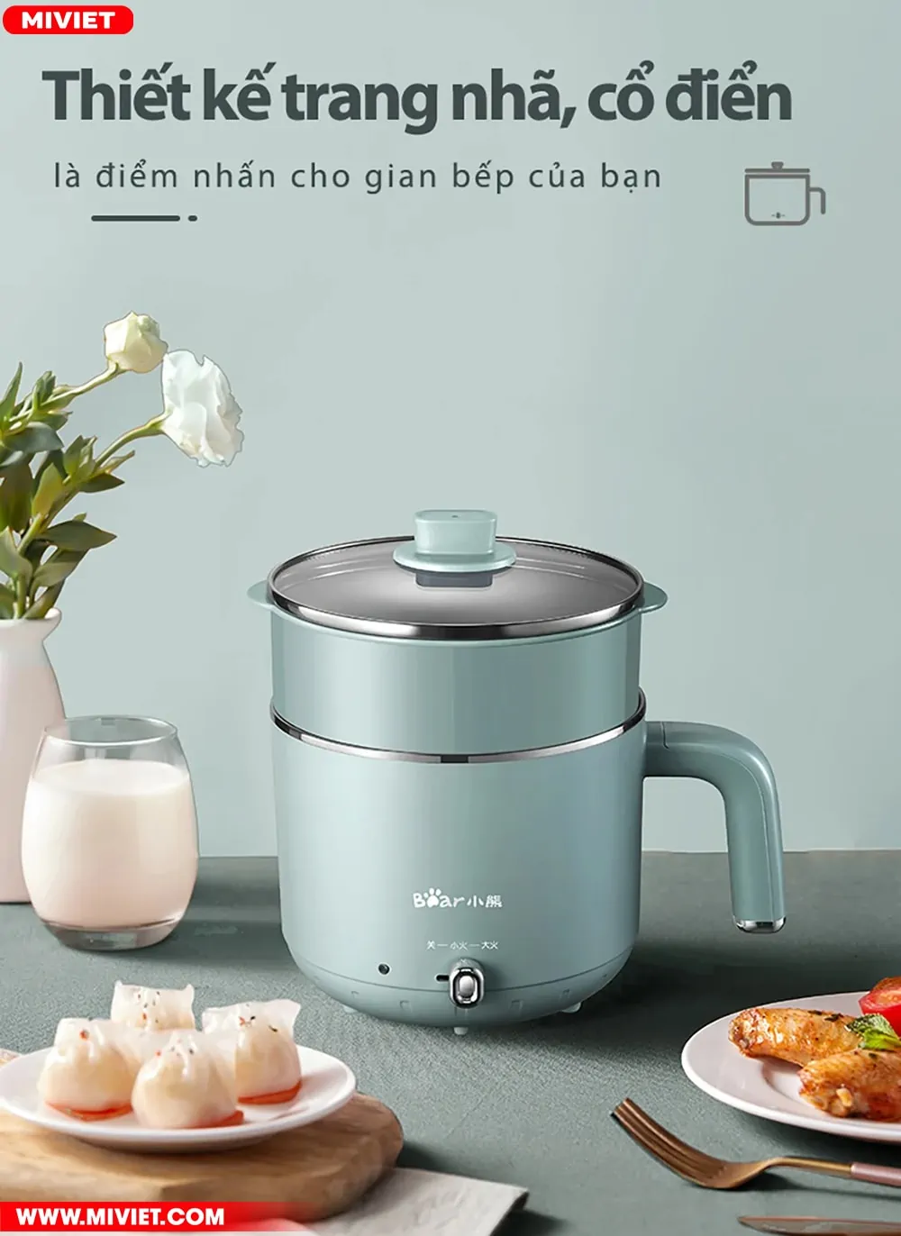 Nồi lẩu và hấp đa năng Bear DRG-D12M5 - Tiếng Anh - HDSD Tiếng Việt Thiết kế cổ điển, cao cấp, dễ dàng sử dụng