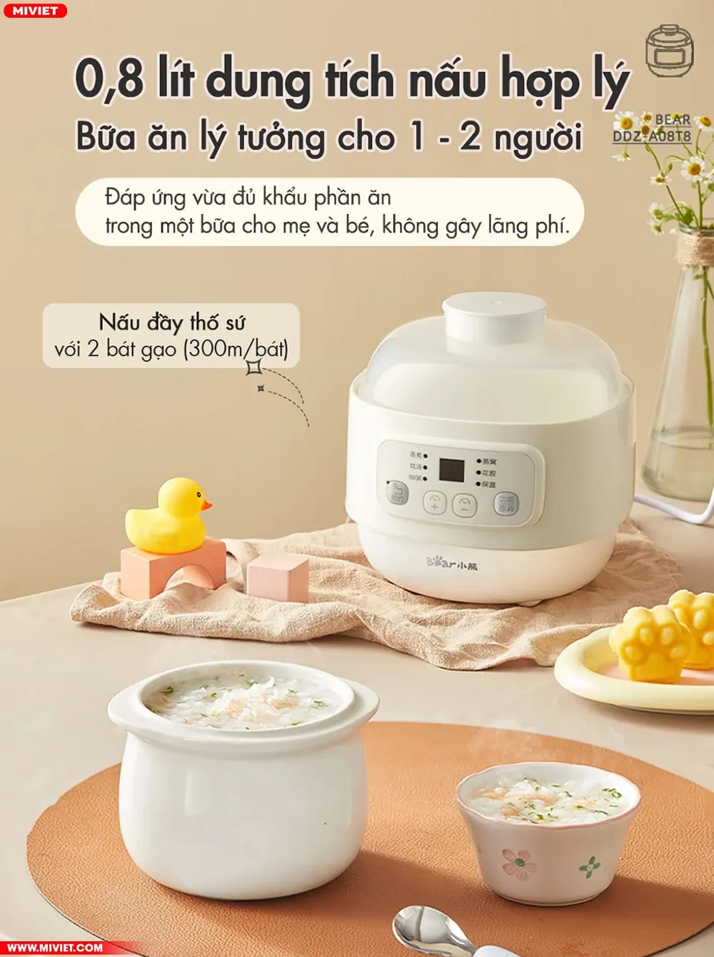 Dung tích 0.8L với 5 chế độ nấu được cài đặc sẵn