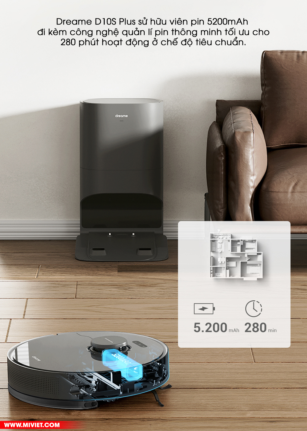 Robot hút bụi lau nhà Dreame D10s Plus - Lực hút 5000 PA - Camera né tránh AI - New 2023 Dung lượng pin tối ưu cho 280 phút hoạt động