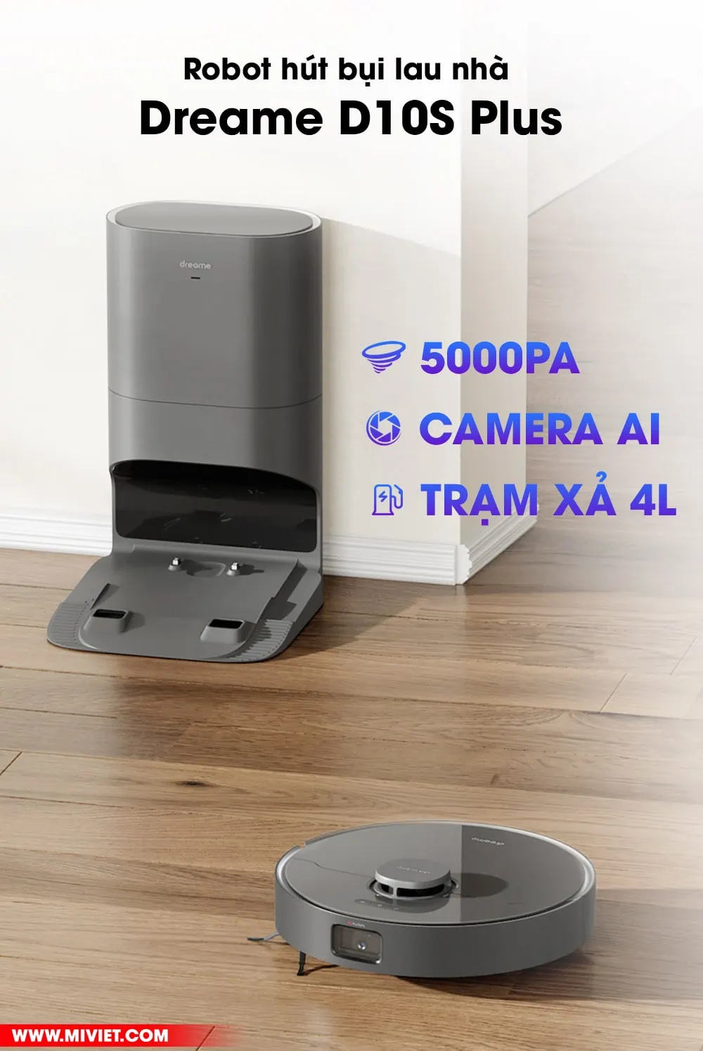 Robot hút bụi lau nhà Dreame D10s Plus - Lực hút 5000 PA - Camera né tránh AI - New 2023 Robot hút bụi lau nhà Dreame D10S Plus - Phiên bản Quốc Tế