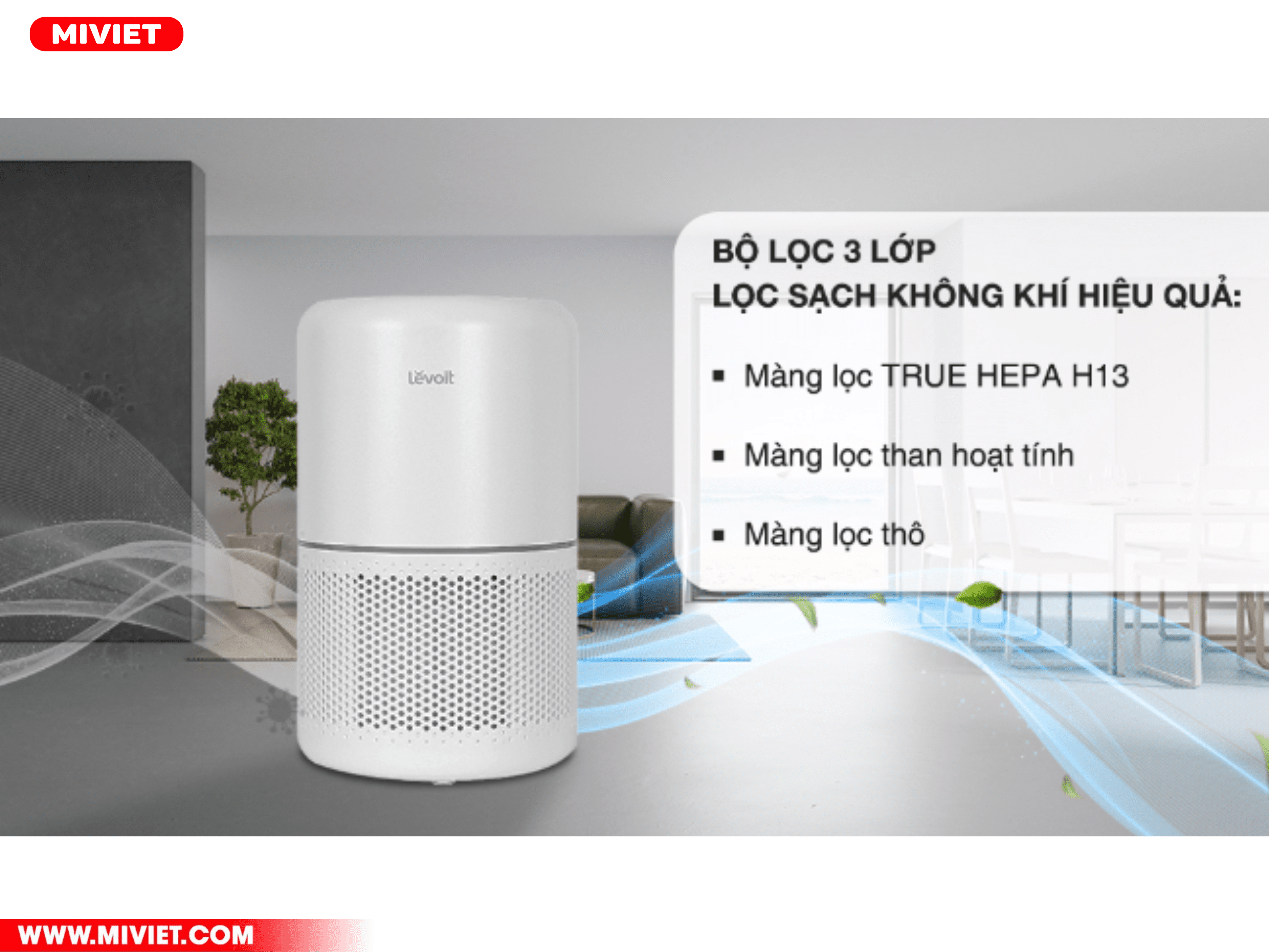 Hệ thống lọc 3 lớp, lọc sạch không khí 99.97% 