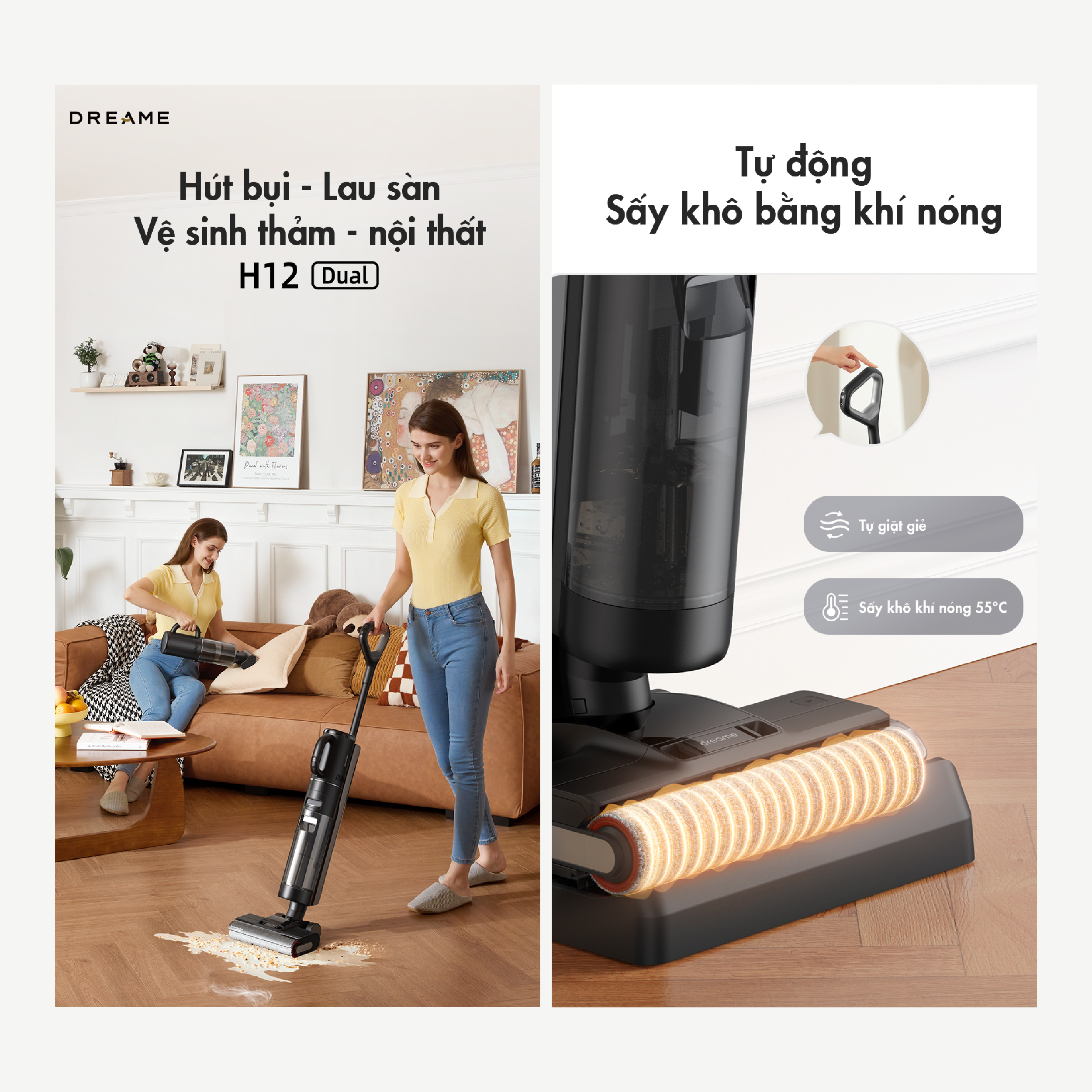 Máy hút bụi lau nhà không dây - Khô và ướt Dreame H12 Dual Dreame h12 dual - Tinh nang hut bui lau nha 2 trong 1
