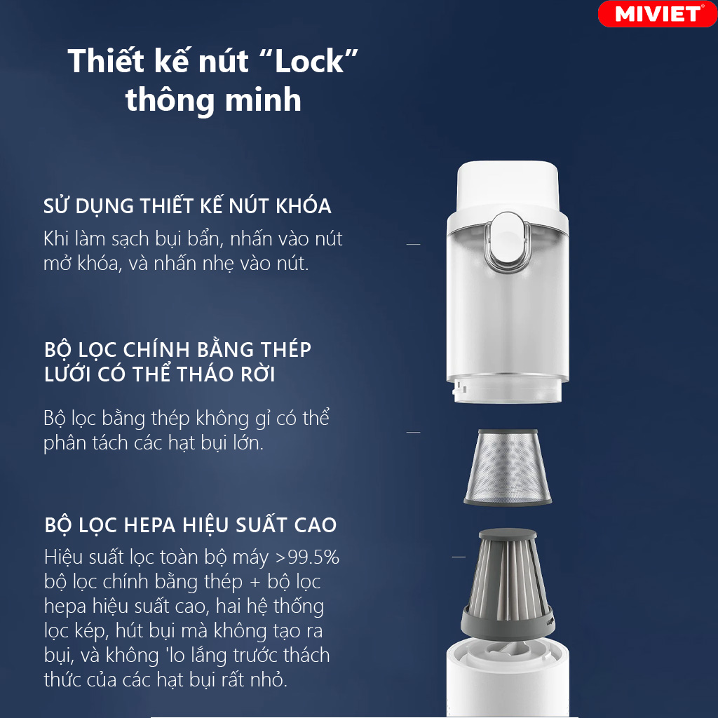 Máy Hút Bụi Cầm Tay Mini Lydsto H1 - Bản Quốc Tế - BH 12 Tháng Thiết kế thông minh với nút bấm “lock”