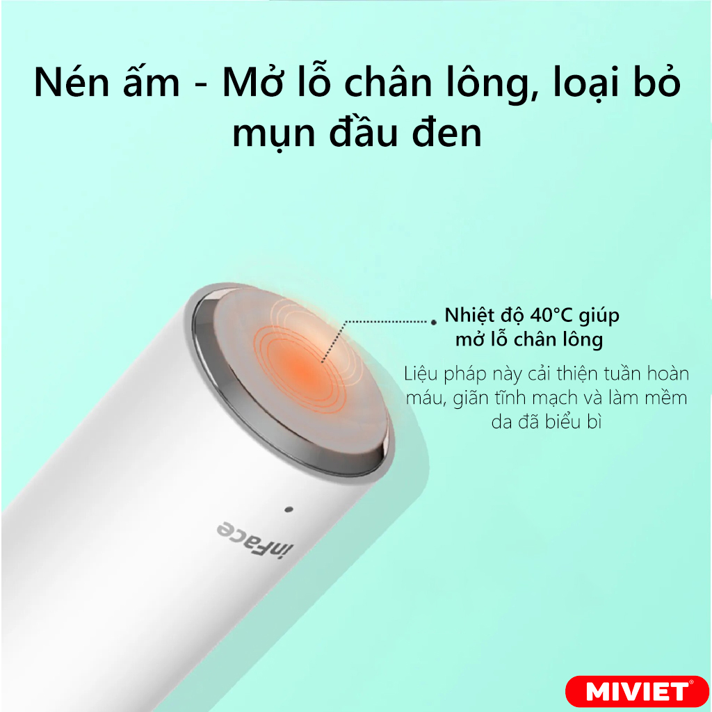 Máy hút mụn đầu đen inFace CF-05E Nhiệt độ 40°C giúp mở lỗ chân lông, làm cho việc loại bỏ mụn trắng và mụn đầu đen dễ dàng hơn
