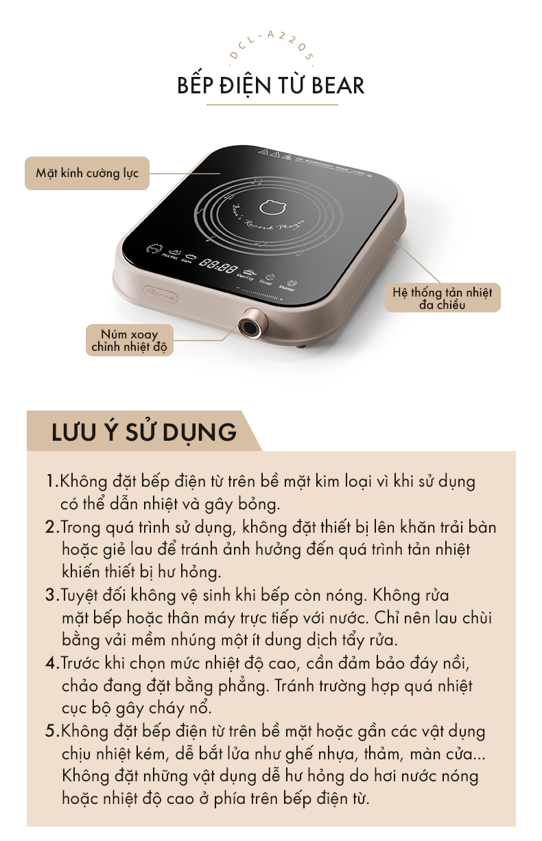 Bếp điện từ Bear (Bếp đơn) DCL-A22Q5 - Hàng chính hãng - Tiếng Anh/Việt - BH 18 Tháng - Full VAT
