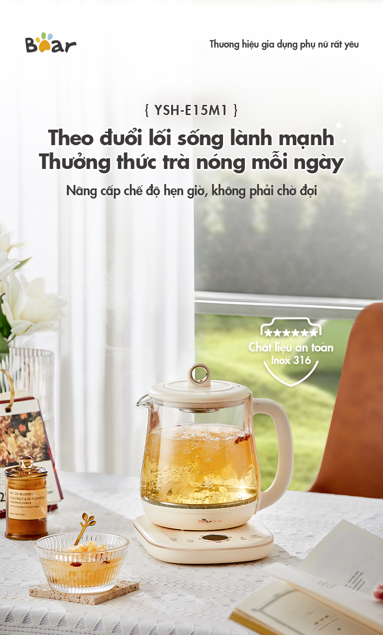 Bình nấu trà đa năng Bear YSH-E15M1 - Hàng chính hãng - Tiếng Anh/Việt - BH 18 tháng - Full VAT