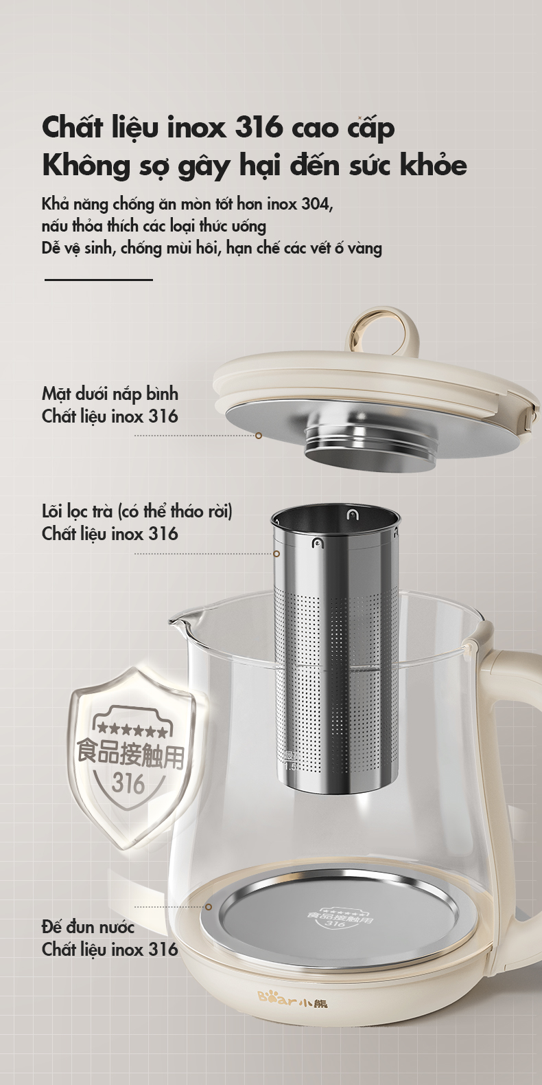 Bình nấu trà đa năng Bear YSH-E15M1 - Hàng chính hãng - Tiếng Anh/Việt - BH 18 tháng - Full VAT