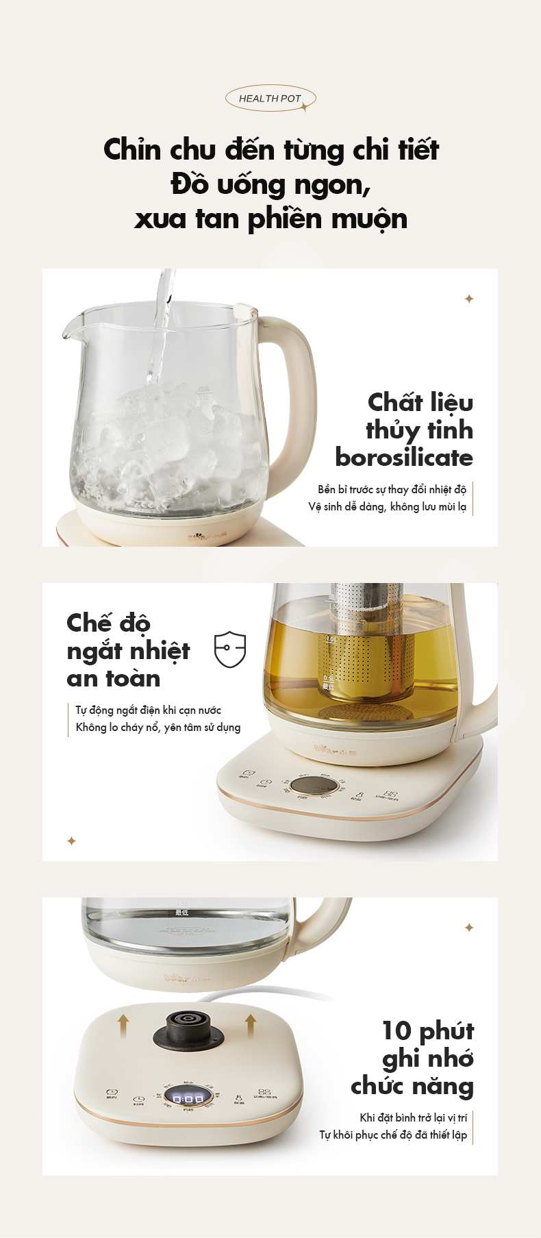 Bình nấu trà đa năng Bear YSH-E15M1 - Hàng chính hãng - Tiếng Anh/Việt - BH 18 tháng - Full VAT