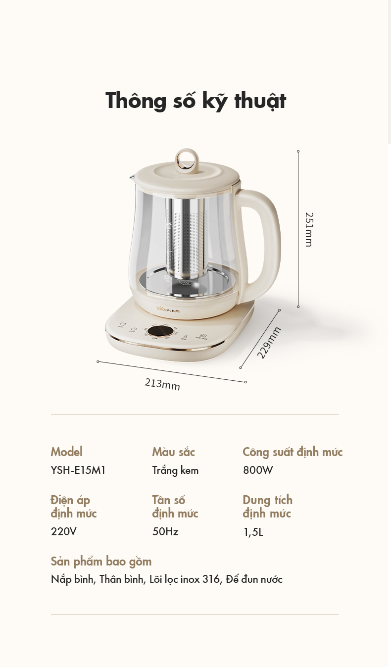 Bình nấu trà đa năng Bear YSH-E15M1 - Hàng chính hãng - Tiếng Anh/Việt - BH 18 tháng - Full VAT