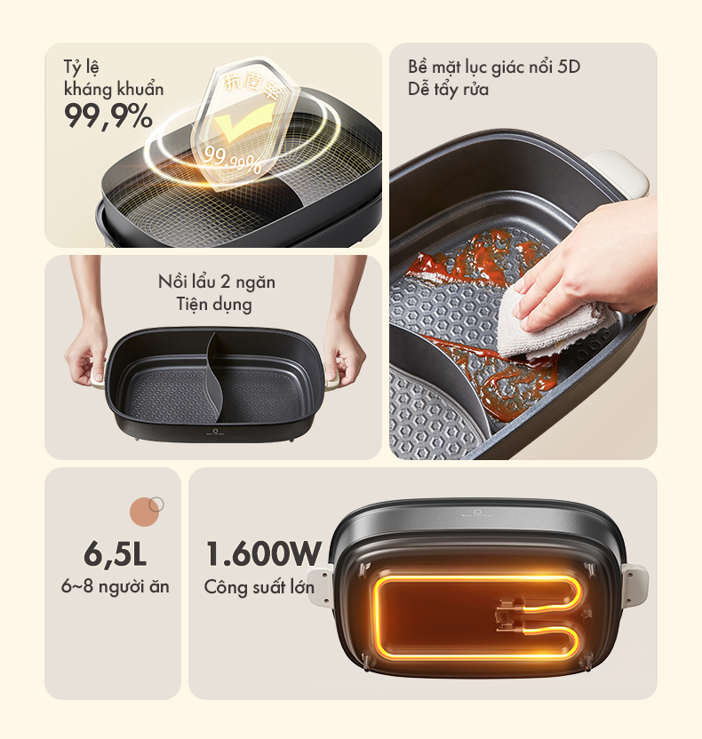 Nồi lẩu hai ngăn Bear DHG-D65A1 - Hàng chính hãng - Tiếng Anh/Việt - BH 18 tháng - Full VAT