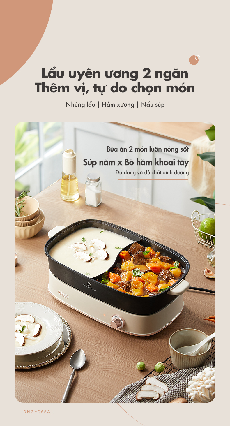 Nồi lẩu hai ngăn Bear DHG-D65A1 - Hàng chính hãng - Tiếng Anh/Việt - BH 18 tháng - Full VAT