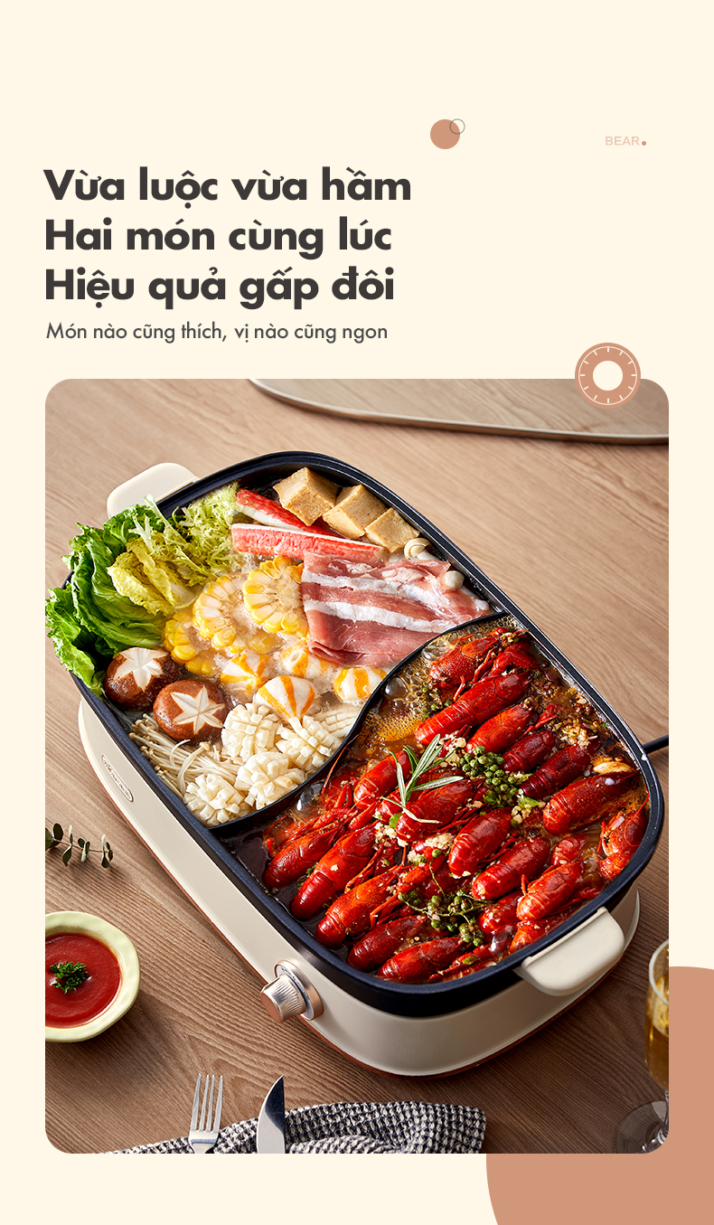 Nồi lẩu hai ngăn Bear DHG-D65A1 - Hàng chính hãng - Tiếng Anh/Việt - BH 18 tháng - Full VAT