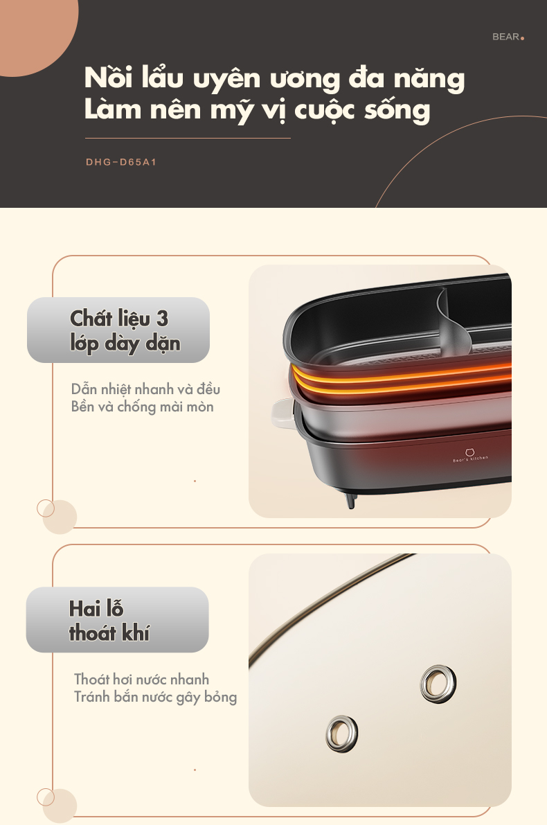 Nồi lẩu hai ngăn Bear DHG-D65A1 - Hàng chính hãng - Tiếng Anh/Việt - BH 18 tháng - Full VAT