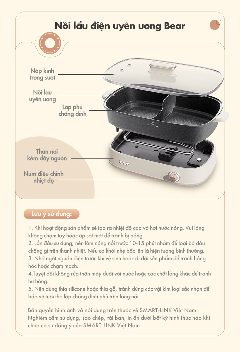 Nồi lẩu hai ngăn Bear DHG-D65A1 - Hàng chính hãng - Tiếng Anh/Việt - BH 18 tháng - Full VAT