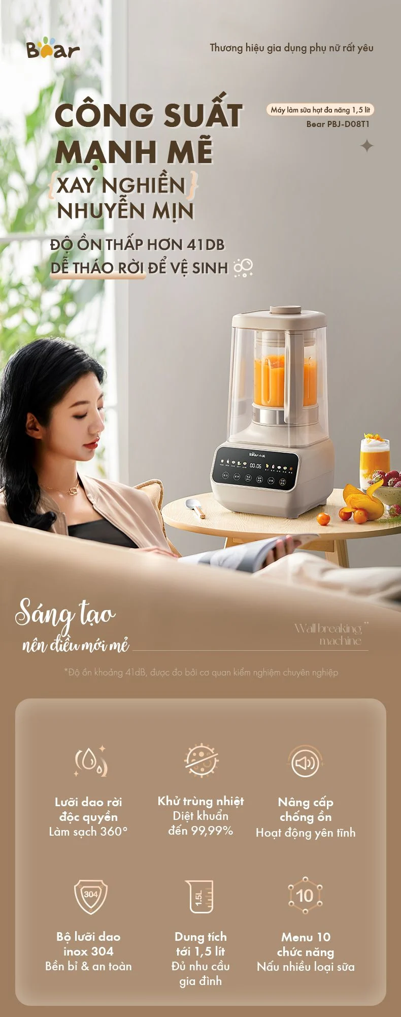 Máy làm sữa hạt đa năng Bear PBJ-D08T1 - Hàng chính hãng - Tiếng Anh/Việt - BH 18 tháng - Full Vat