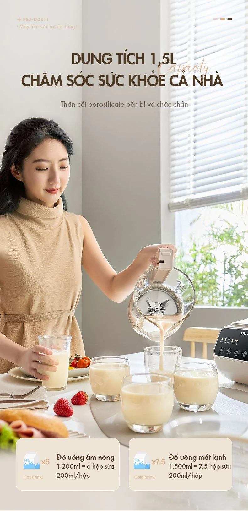 Máy làm sữa hạt đa năng Bear PBJ-D08T1 - Hàng chính hãng - Tiếng Anh/Việt - BH 18 tháng - Full Vat