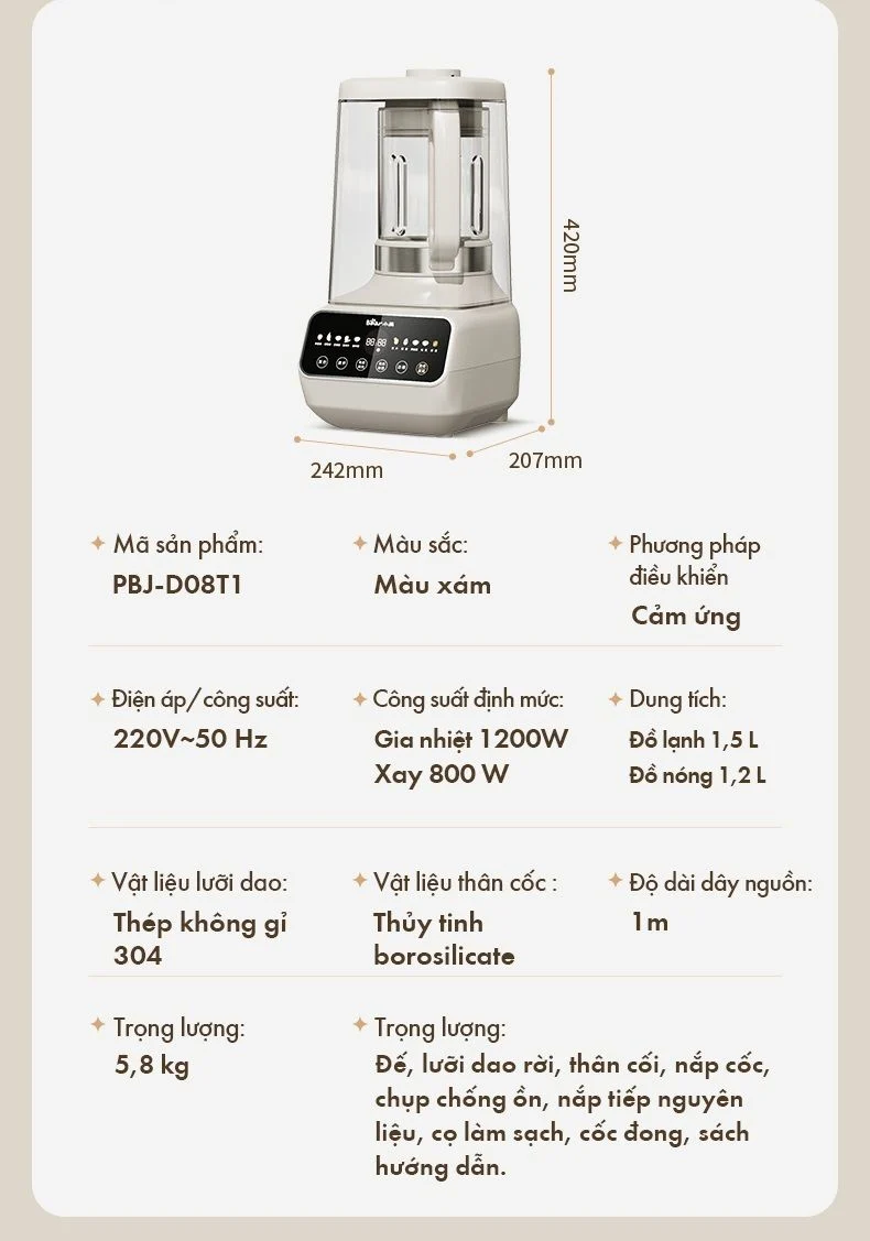 Máy làm sữa hạt đa năng Bear PBJ-D08T1 - Hàng chính hãng - Tiếng Anh/Việt - BH 18 tháng - Full Vat