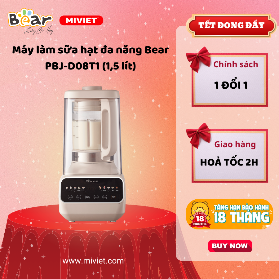 Máy làm sữa hạt đa năng Bear PBJ-D08T1 - Hàng chính hãng - Tiếng Anh/Việt - BH 18 tháng - Full Vat Máy làm sữa hạt đa năng Bear PBJ-D08T1 - Hàng chính hãng - Tiếng Anh/Việt - BH 18 tháng - Full Vat - Ảnh 2
