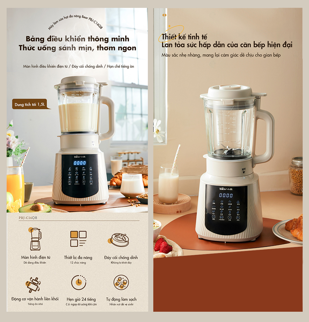 Máy làm sữa hạt đa năng Bear PBJ-C16Q8 (1,5 lít) - Hàng chính hãng - Tiếng Anh/Việt - BH 18 tháng - Full VAT