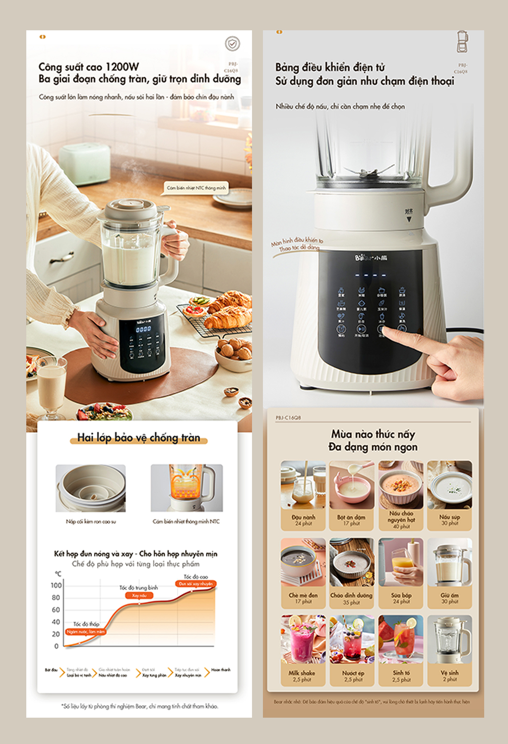 Máy làm sữa hạt đa năng Bear PBJ-C16Q8 (1,5 lít) - Hàng chính hãng - Tiếng Anh/Việt - BH 18 tháng - Full VAT